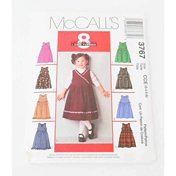 McCalls 3767 Sewing Pattern Easy Girls Jumper Round V Neck Raised Waist Narrow - Picture 1 of 3